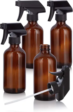 8 oz Amber Glass Boston Round Bottle with Black Trigger Sprayer (4 Pack)