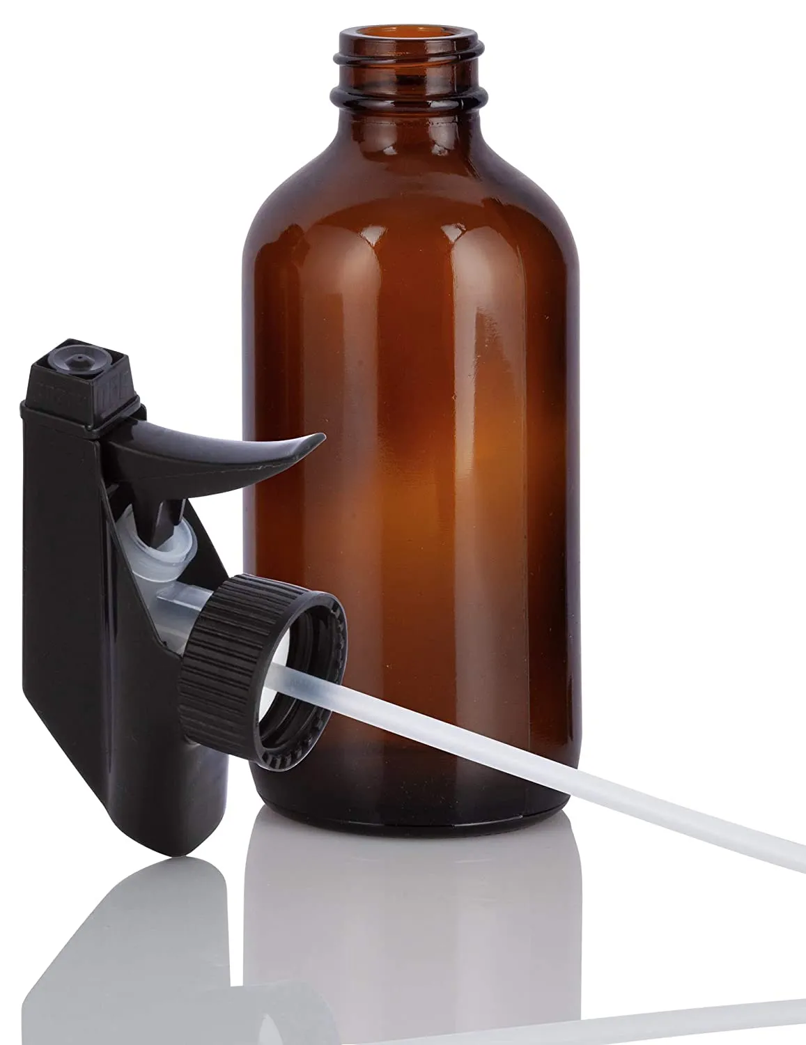 8 oz Amber Glass Boston Round Bottle with Black Trigger Sprayer (4 Pack)
