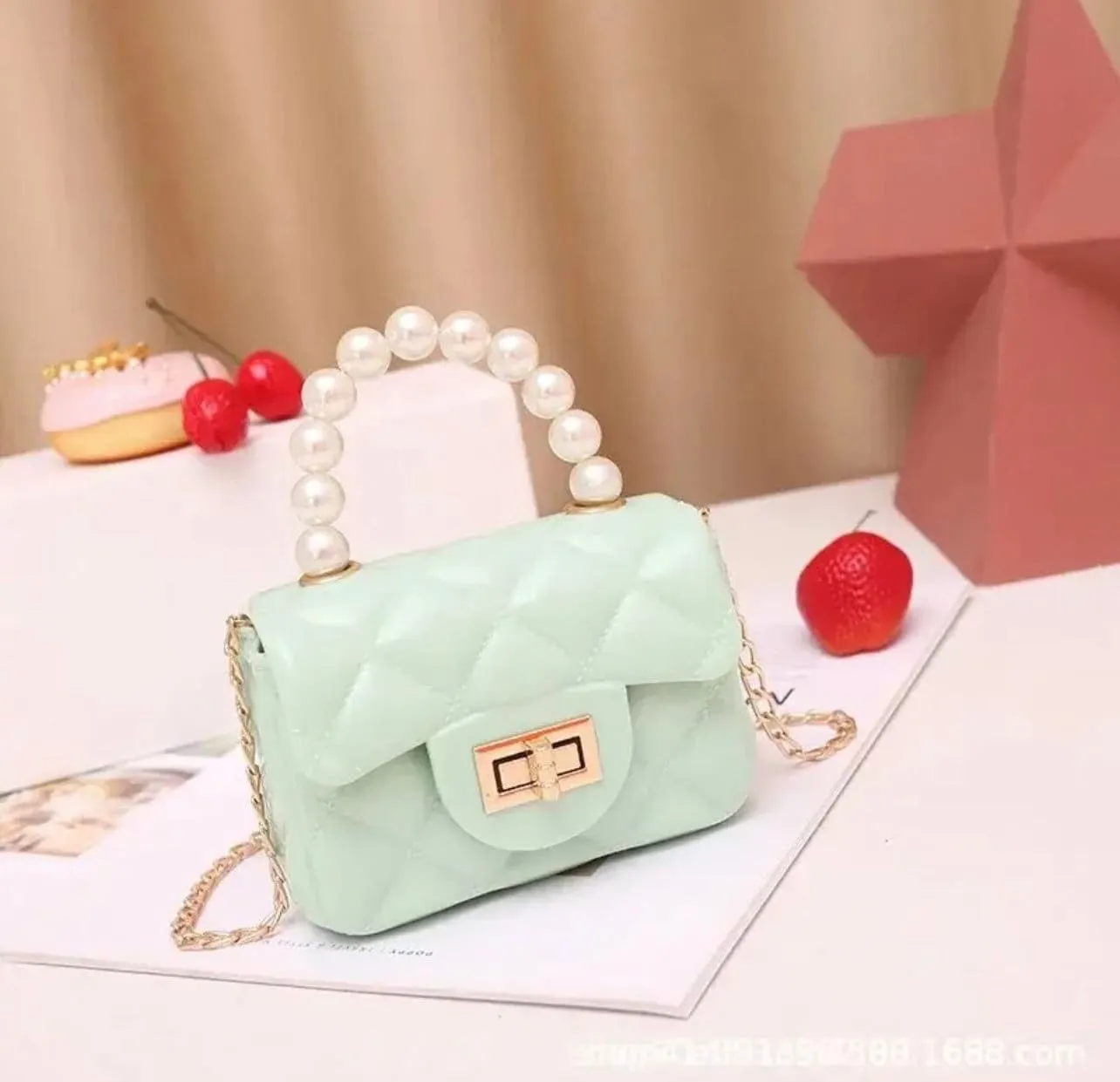 Mini Jelly Purse Flap Handbag with Pearls Top Handle Faux Quilted Crossbody Bag