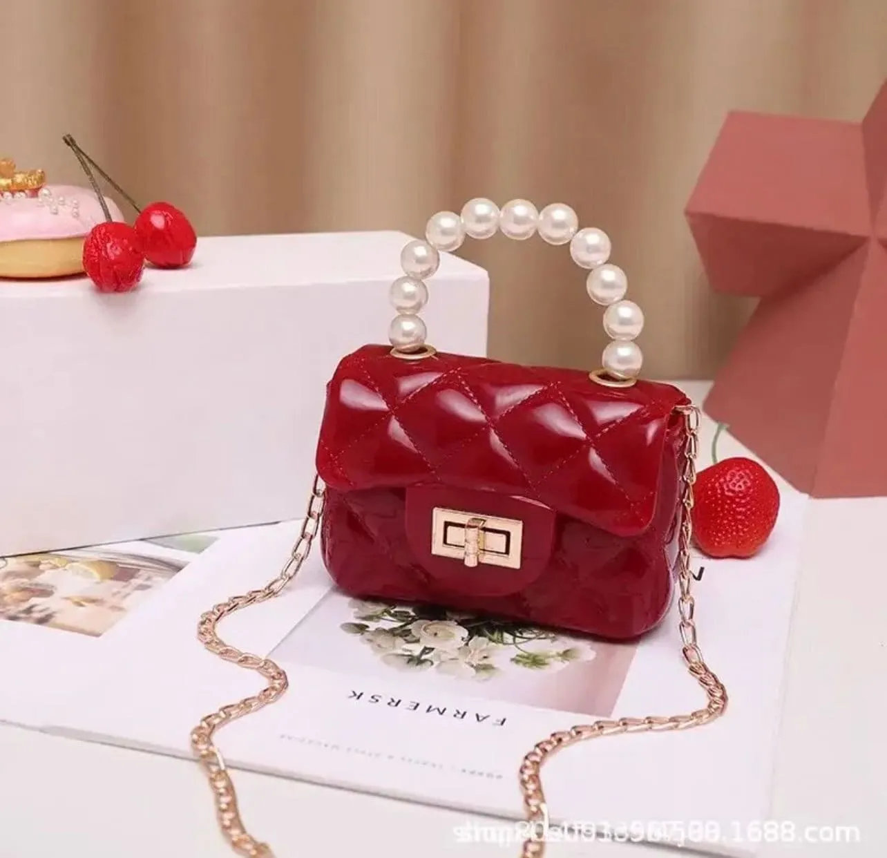 Mini Jelly Purse Flap Handbag with Pearls Top Handle Faux Quilted Crossbody Bag