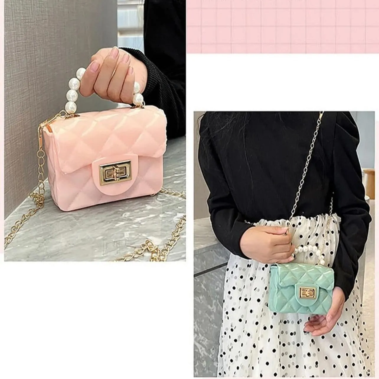 Mini Jelly Purse Flap Handbag with Pearls Top Handle Faux Quilted Crossbody Bag
